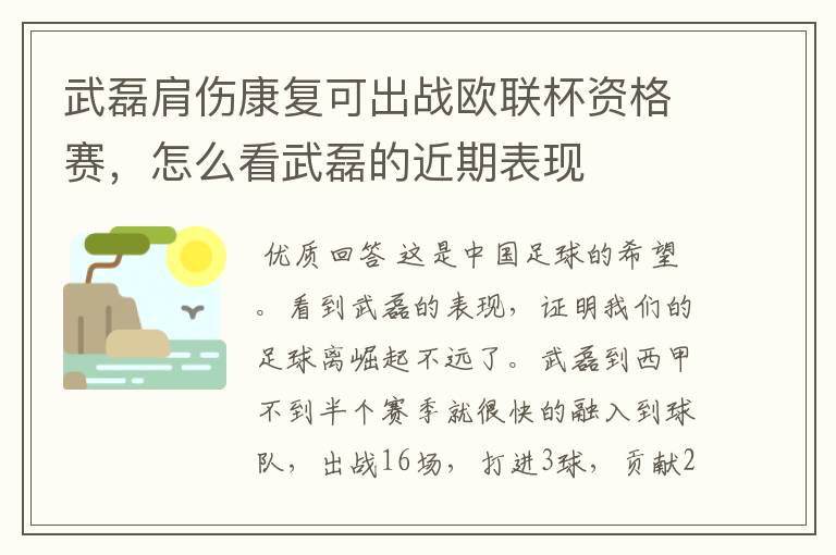 武磊肩伤康复可出战欧联杯资格赛,怎么看武磊的近期表现