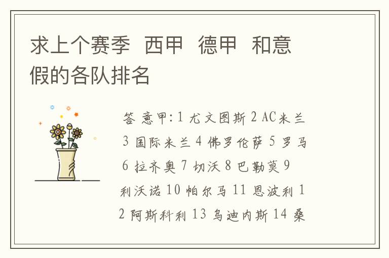 求上个赛季 西甲 德甲 和意假的各队排名