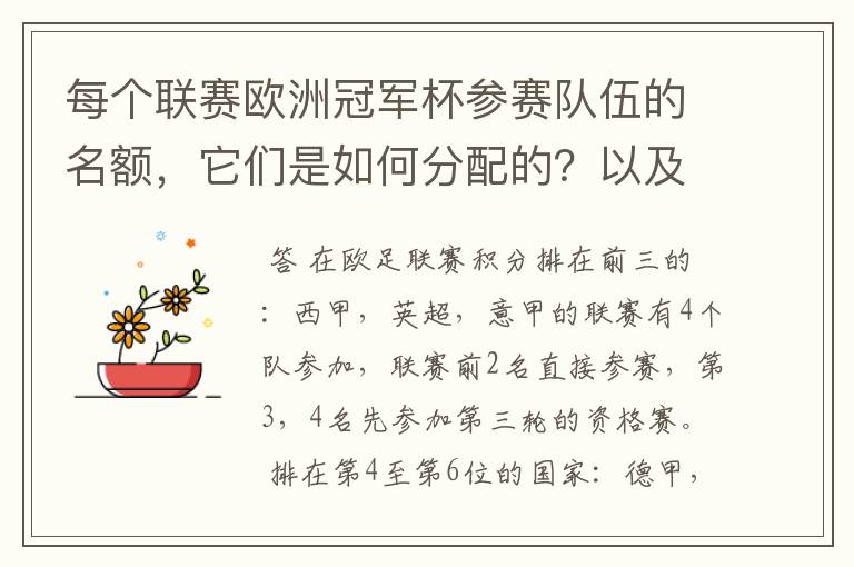每个联赛欧洲冠军杯参赛队伍的名额,它们是如何分配的?以及现在各国的最新积分排名?