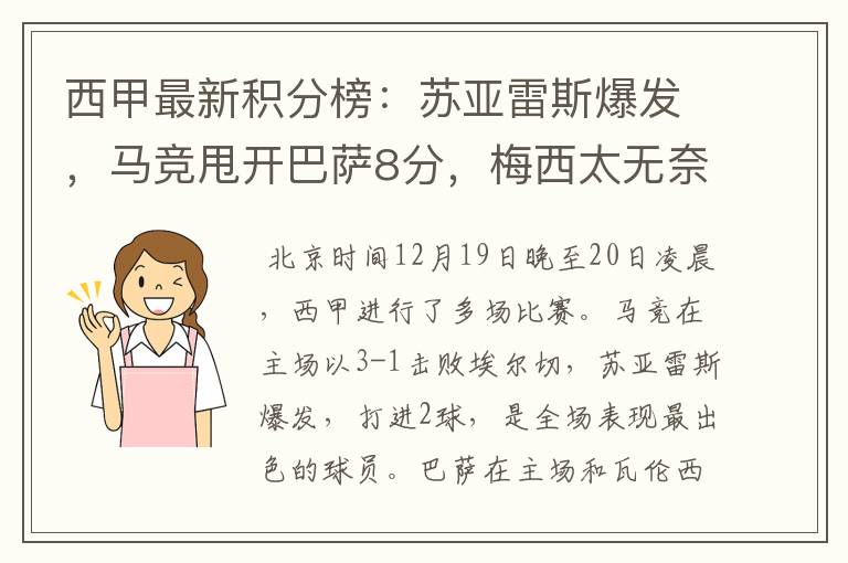 西甲最新积分榜:苏亚雷斯爆发,马竞甩开巴萨8分,梅西太无奈