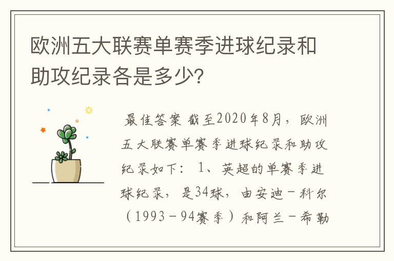 欧洲五大联赛单赛季进球纪录和助攻纪录各是多少?