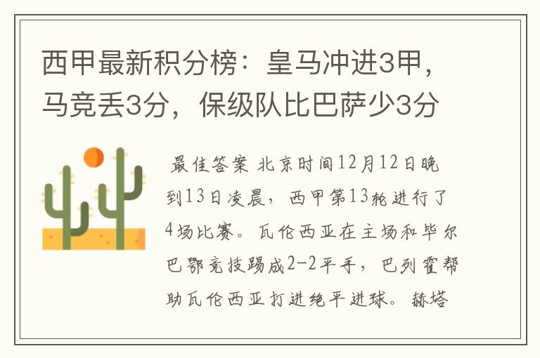 西甲最新积分榜:皇马冲进3甲,马竞丢3分,保级队比巴萨少3分