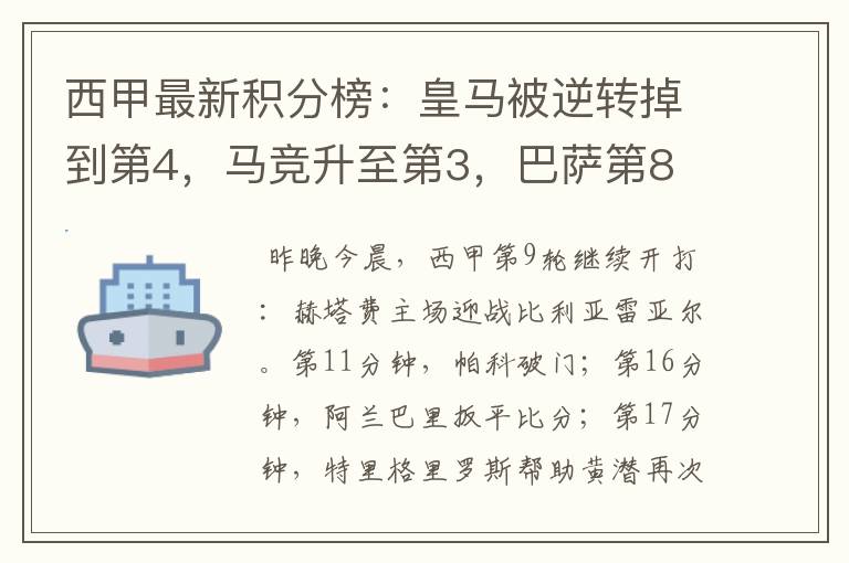 西甲最新积分榜:皇马被逆转掉到第4,马竞升至第3,巴萨第8