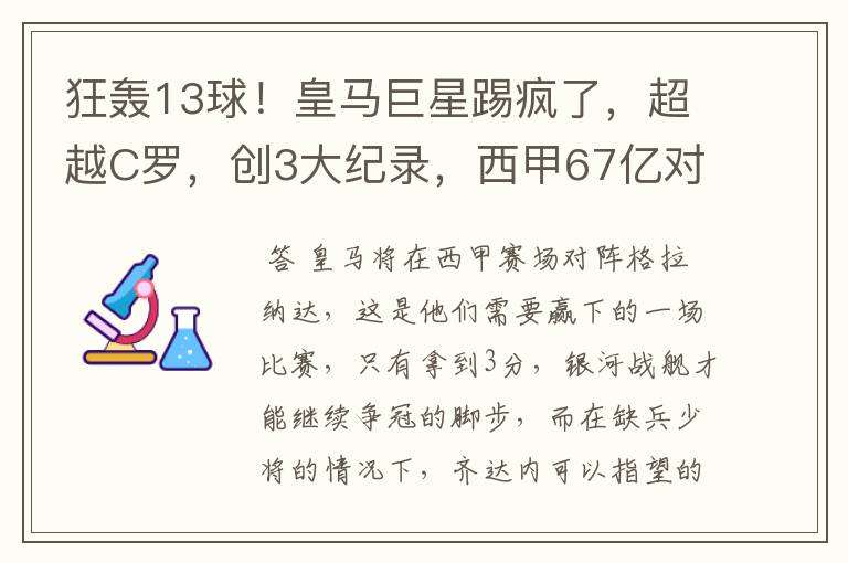 狂轰13球!皇马巨星踢疯了,超越C罗,创3大纪录,西甲67亿对决