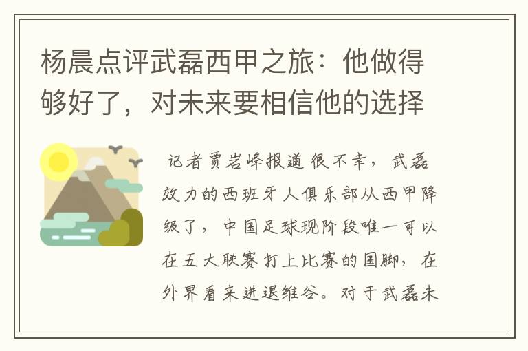 杨晨点评武磊西甲之旅:他做得够好了,对未来要相信他的选择