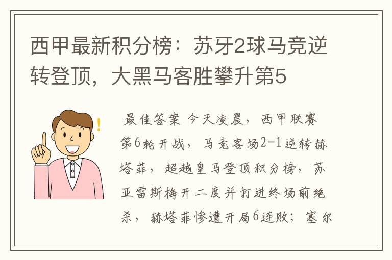 西甲最新积分榜:苏牙2球马竞逆转登顶,大黑马客胜攀升第5