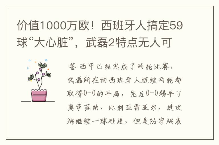 价值1000万欧!西班牙人搞定59球“大心脏”,武磊2特点无人可替