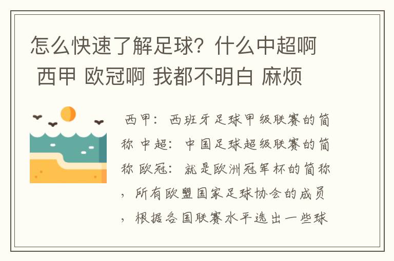 怎么快速了解足球?什么中超啊 西甲 欧冠啊 我都不明白 麻烦 有哪位特别了解足球的 跟我讲讲,多谢
