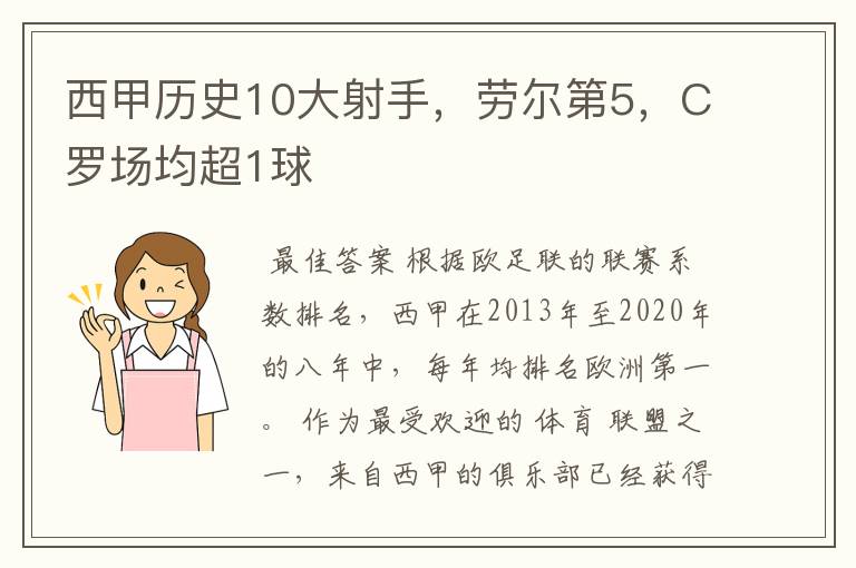 西甲历史10大射手,劳尔第5,C罗场均超1球