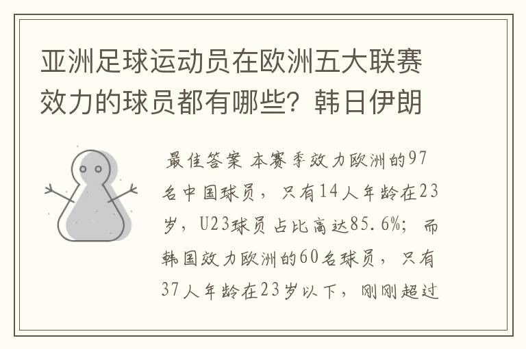 亚洲足球运动员在欧洲五大联赛效力的球员都有哪些?韩日伊朗 都是比较多吧!