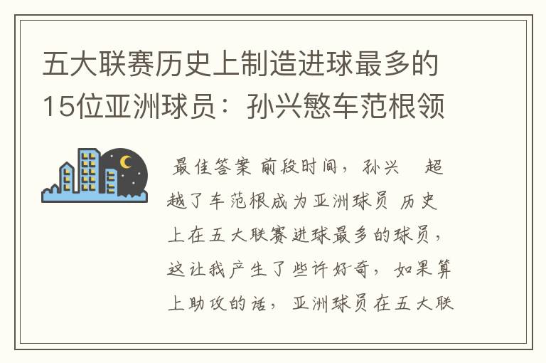 五大联赛历史上制造进球最多的15位亚洲球员:孙兴慜车范根领衔