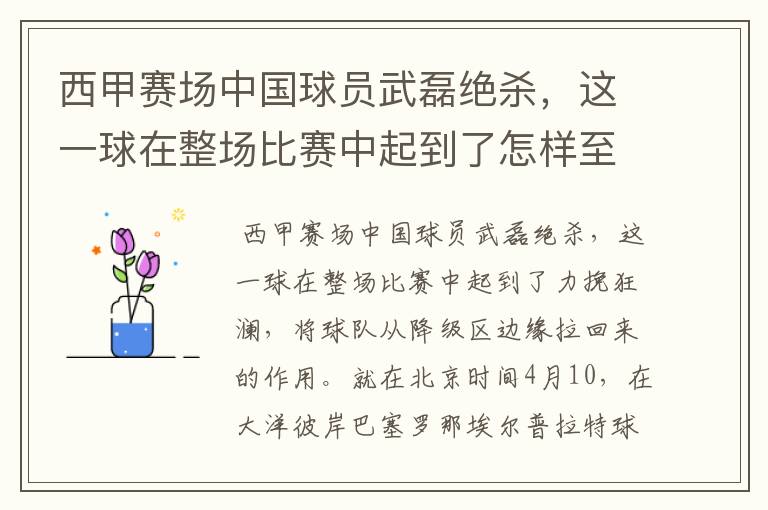 西甲赛场中国球员武磊绝杀,这一球在整场比赛中起到了怎样至关作用?