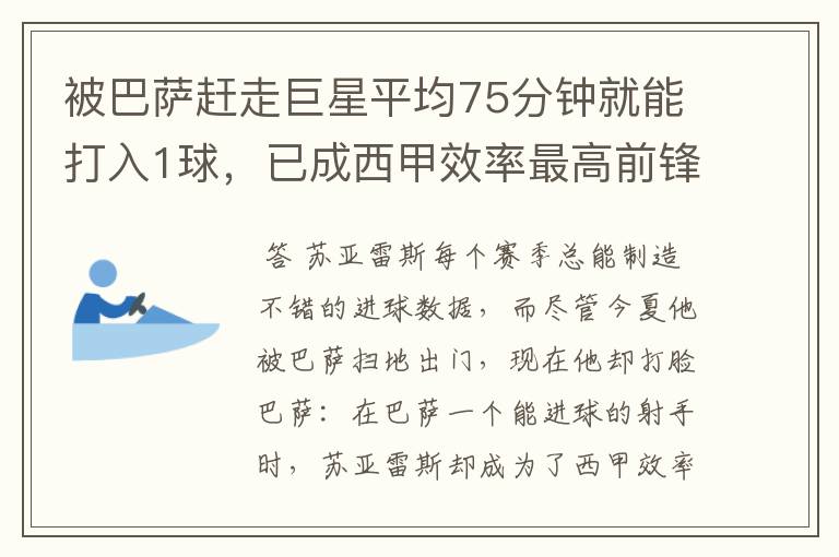 被巴萨赶走巨星平均75分钟就能打入1球,已成西甲效率最高前锋