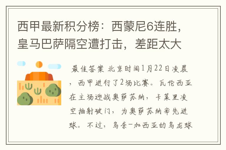 西甲最新积分榜:西蒙尼6连胜,皇马巴萨隔空遭打击,差距太大