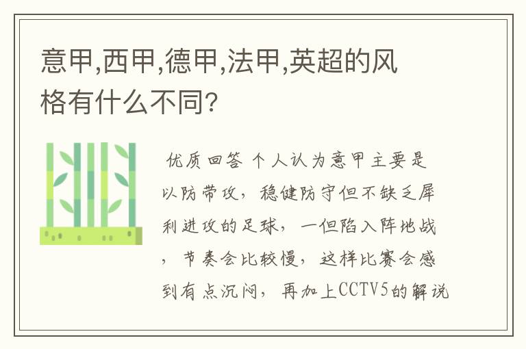 意甲,西甲,德甲,法甲,英超的风格有什么不同?