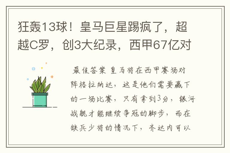狂轰13球!皇马巨星踢疯了,超越C罗,创3大纪录,西甲67亿对决