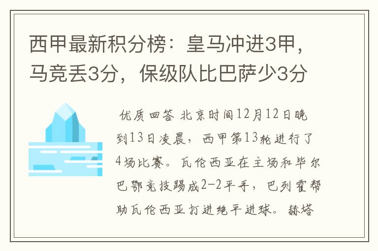 西甲最新积分榜:皇马冲进3甲,马竞丢3分,保级队比巴萨少3分