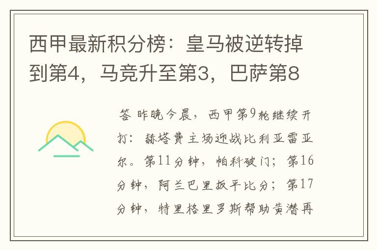 西甲最新积分榜:皇马被逆转掉到第4,马竞升至第3,巴萨第8