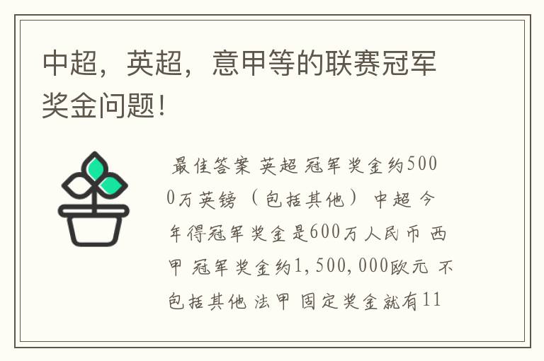中超,英超,意甲等的联赛冠军奖金问题!