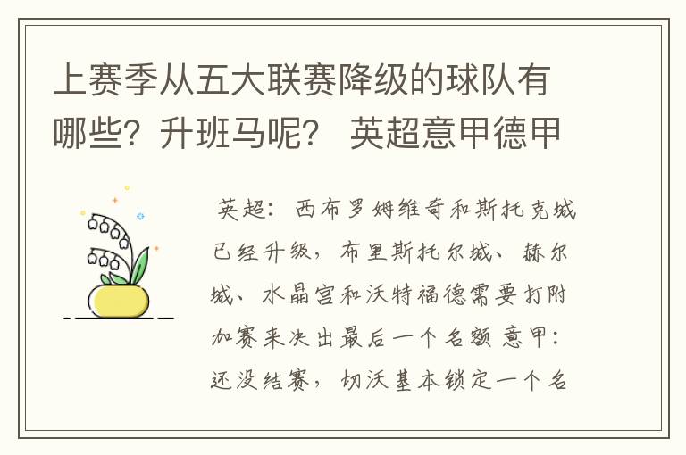 上赛季从五大联赛降级的球队有哪些?升班马呢? 英超意甲德甲西甲法甲都要