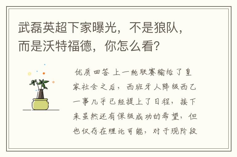 武磊英超下家曝光,不是狼队,而是沃特福德,你怎么看?