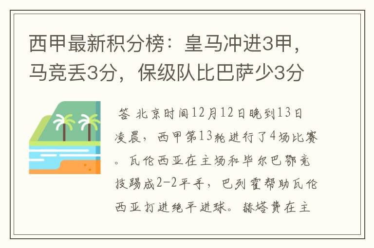 西甲最新积分榜:皇马冲进3甲,马竞丢3分,保级队比巴萨少3分