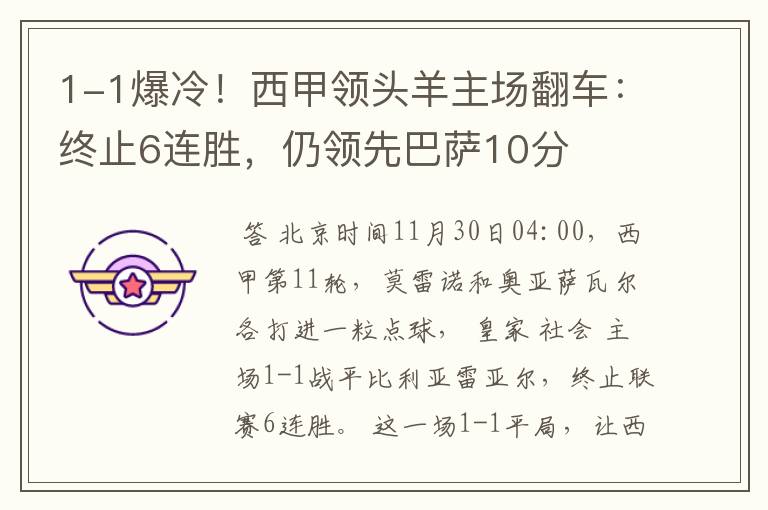 1-1爆冷!西甲领头羊主场翻车:终止6连胜,仍领先巴萨10分