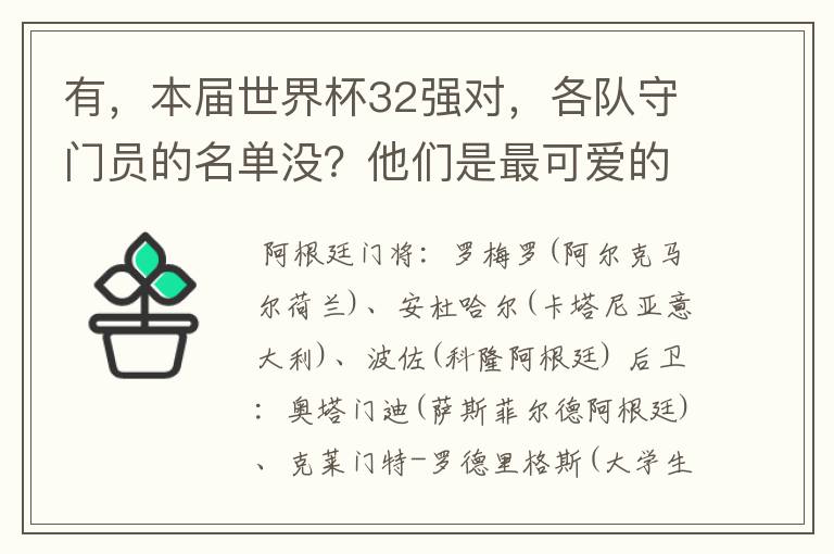 有,本届世界杯32强对,各队守门员的名单没?他们是最可爱的人