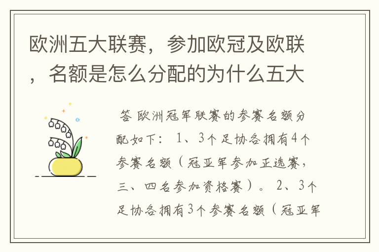 欧洲五大联赛,参加欧冠及欧联,名额是怎么分配的为什么五大联赛只有法甲