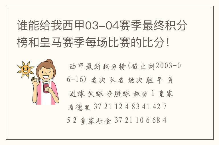 谁能给我西甲03-04赛季最终积分榜和皇马赛季每场比赛的比分!