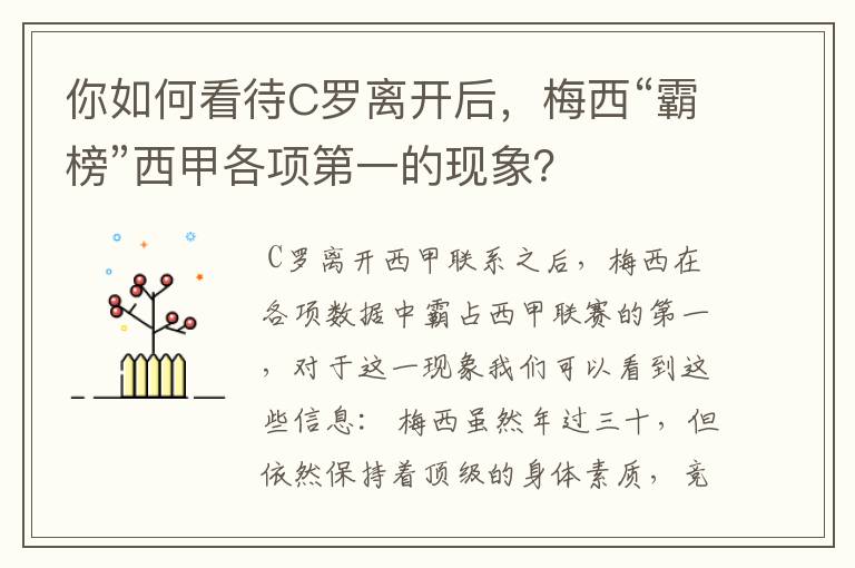 你如何看待C罗离开后,梅西“霸榜”西甲各项第一的现象?