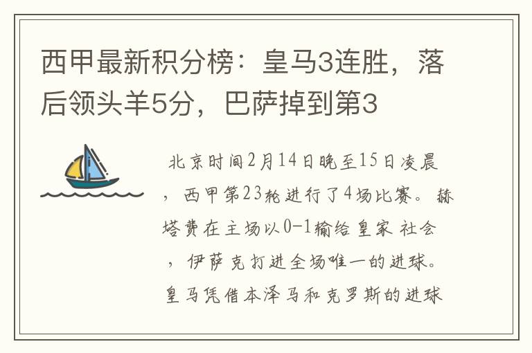 西甲最新积分榜:皇马3连胜,落后领头羊5分,巴萨掉到第3