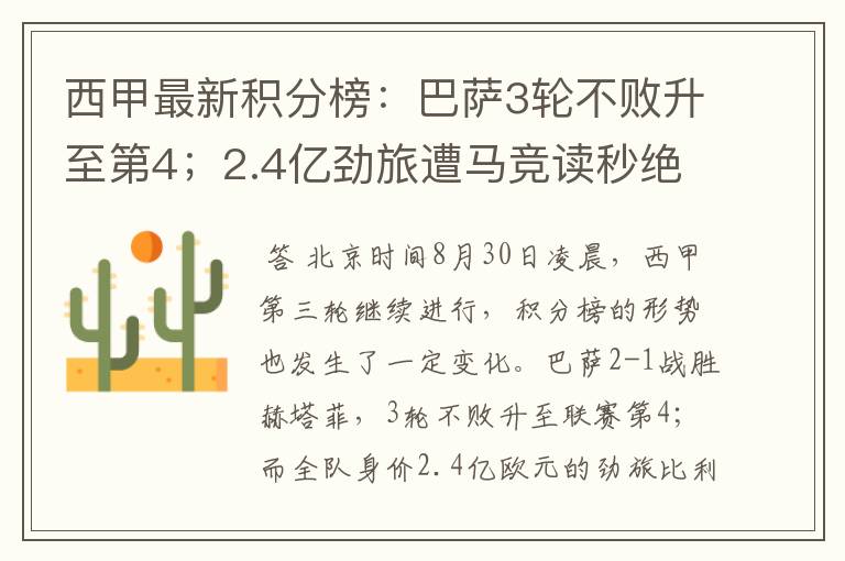 西甲最新积分榜:巴萨3轮不败升至第4;2.4亿劲旅遭马竞读秒绝平