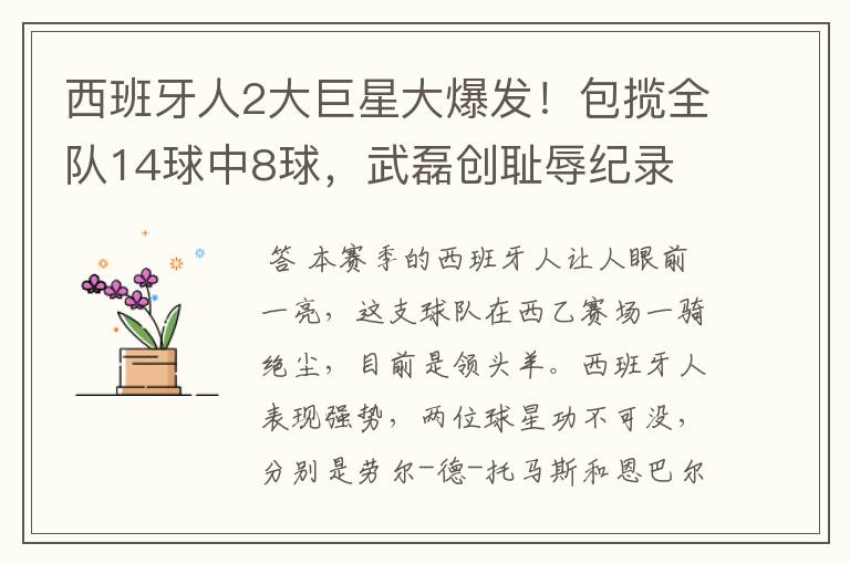 西班牙人2大巨星大爆发!包揽全队14球中8球,武磊创耻辱纪录