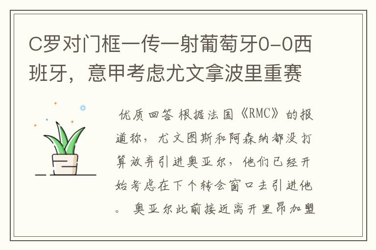 C罗对门框一传一射葡萄牙0-0西班牙,意甲考虑尤文拿波里重赛