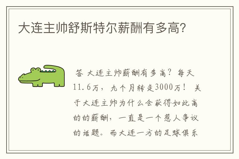 大连主帅舒斯特尔薪酬有多高?