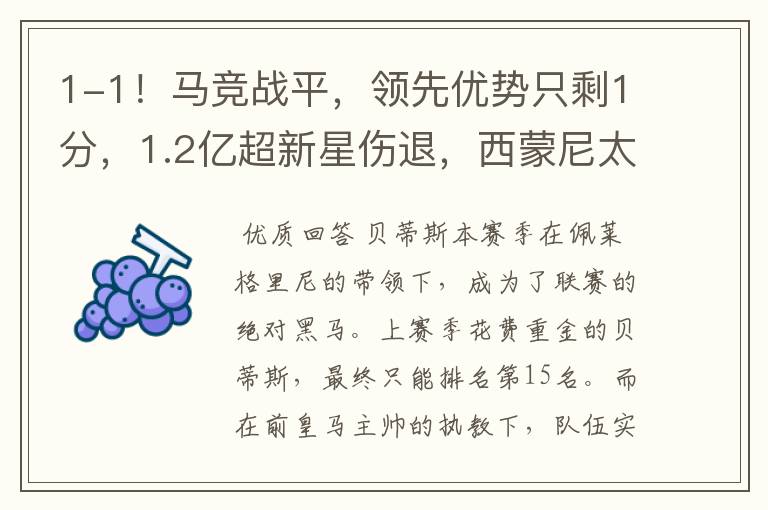 1-1!马竞战平,领先优势只剩1分,1.2亿超新星伤退,西蒙尼太难