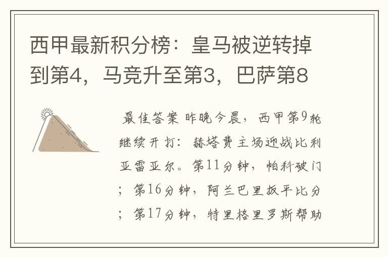 西甲最新积分榜:皇马被逆转掉到第4,马竞升至第3,巴萨第8