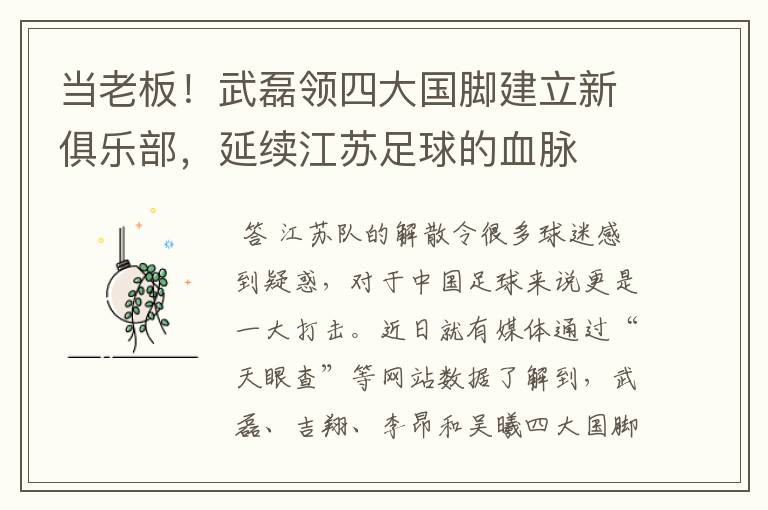 当老板!武磊领四大国脚建立新俱乐部,延续江苏足球的血脉