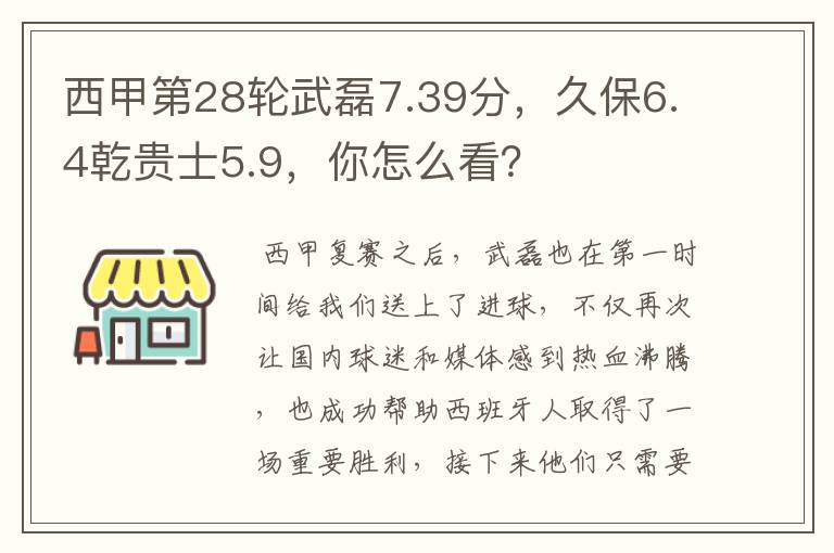 西甲第28轮武磊7.39分,久保6.4乾贵士5.9,你怎么看?