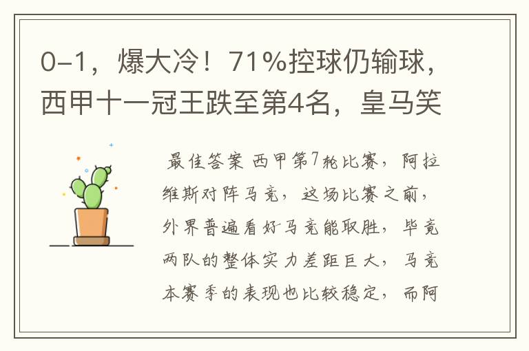 0-1,爆大冷!71%控球仍输球,西甲十一冠王跌至第4名,皇马笑了
