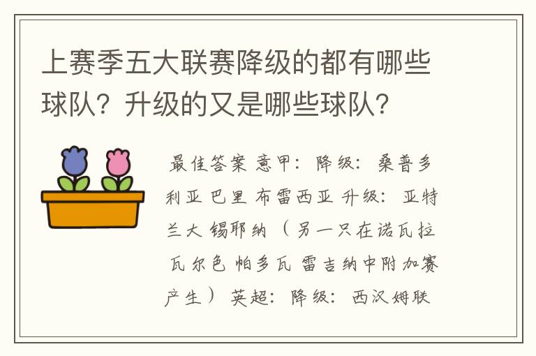 上赛季五大联赛降级的都有哪些球队?升级的又是哪些球队?