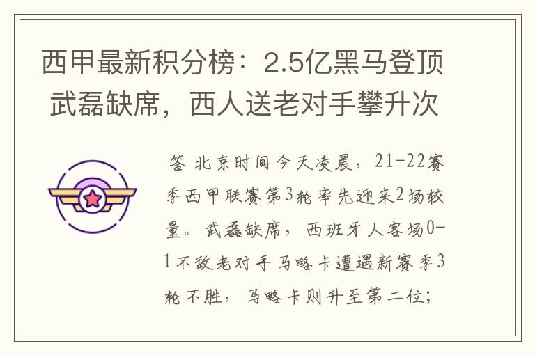 西甲最新积分榜:2.5亿黑马登顶 武磊缺席,西人送老对手攀升次席