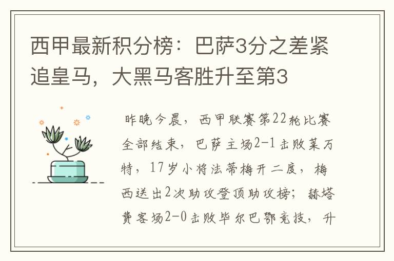 西甲最新积分榜:巴萨3分之差紧追皇马,大黑马客胜升至第3