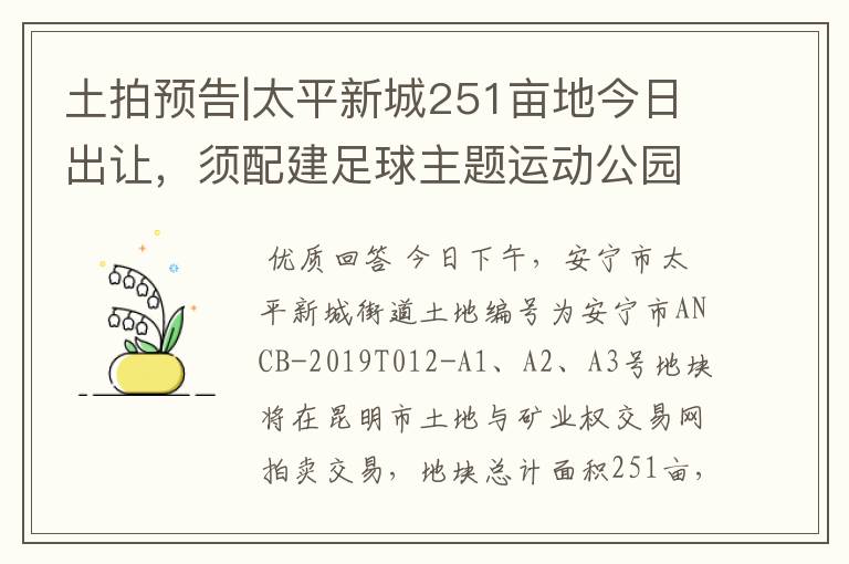 土拍预告|太平新城251亩地今日出让,须配建足球主题运动公园