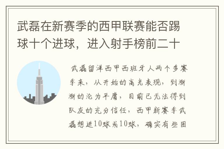 武磊在新赛季的西甲联赛能否踢球十个进球,进入射手榜前二十?