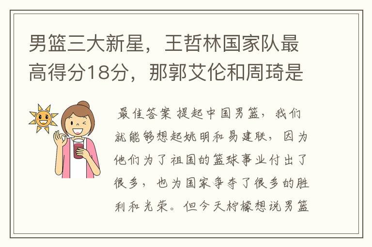 男篮三大新星,王哲林国家队最高得分18分,那郭艾伦和周琦是多少分?