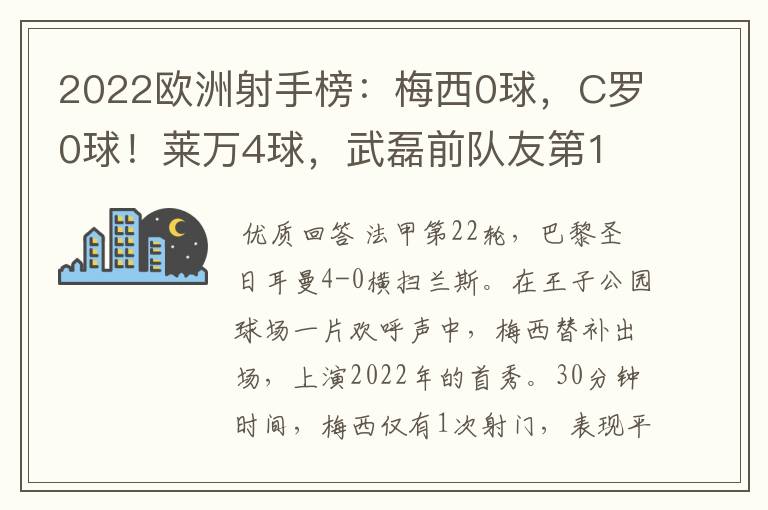 2022欧洲射手榜:梅西0球,C罗0球!莱万4球,武磊前队友第1