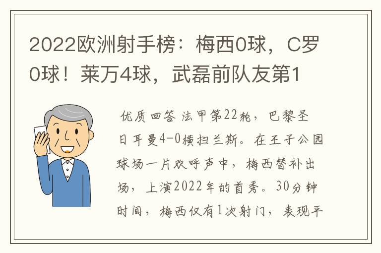 2022欧洲射手榜:梅西0球,C罗0球!莱万4球,武磊前队友第1