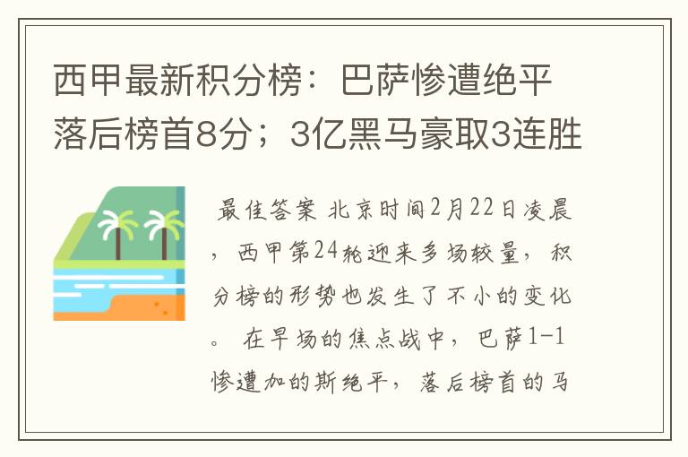 西甲最新积分榜:巴萨惨遭绝平落后榜首8分;3亿黑马豪取3连胜